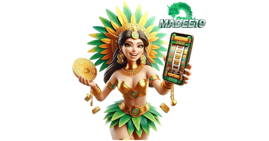 ภาพโปรโมท MADEE19 ตัวละครหญิงสไตล์แอซเท็กสวมชุดสีเขียวทอง ถือเหรียญทองและสมาร์ตโฟนที่แสดงเกมสล็อต สื่อถึงสล็อตออนไลน์บนมือถือ โอกาสทำกำไร และความสนุกแบบทันสมัย